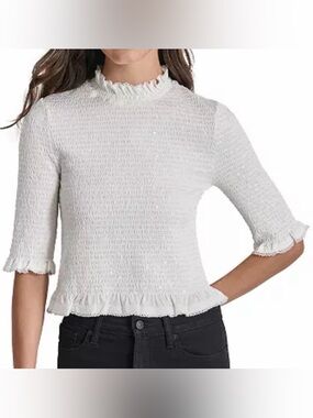 DKNY Jeans Sequin Smocked Top White Ruffle Mock Neck Elbow L